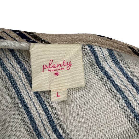 Anthropologie Plenty Linen Fit & Flare Midi Dress L Beige Striped Cutout Tiered - Picture 14 of 16